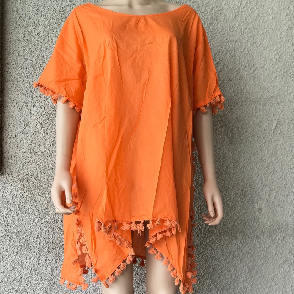 Orange Crush Linen Tassels Boho Beach Cover up - Picture 2 of 4